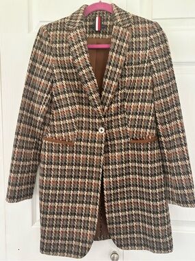 Tommy Hilfiger Houndstooth Plaid Blazer Jacket Elbow Patches Size 0 Equestrian